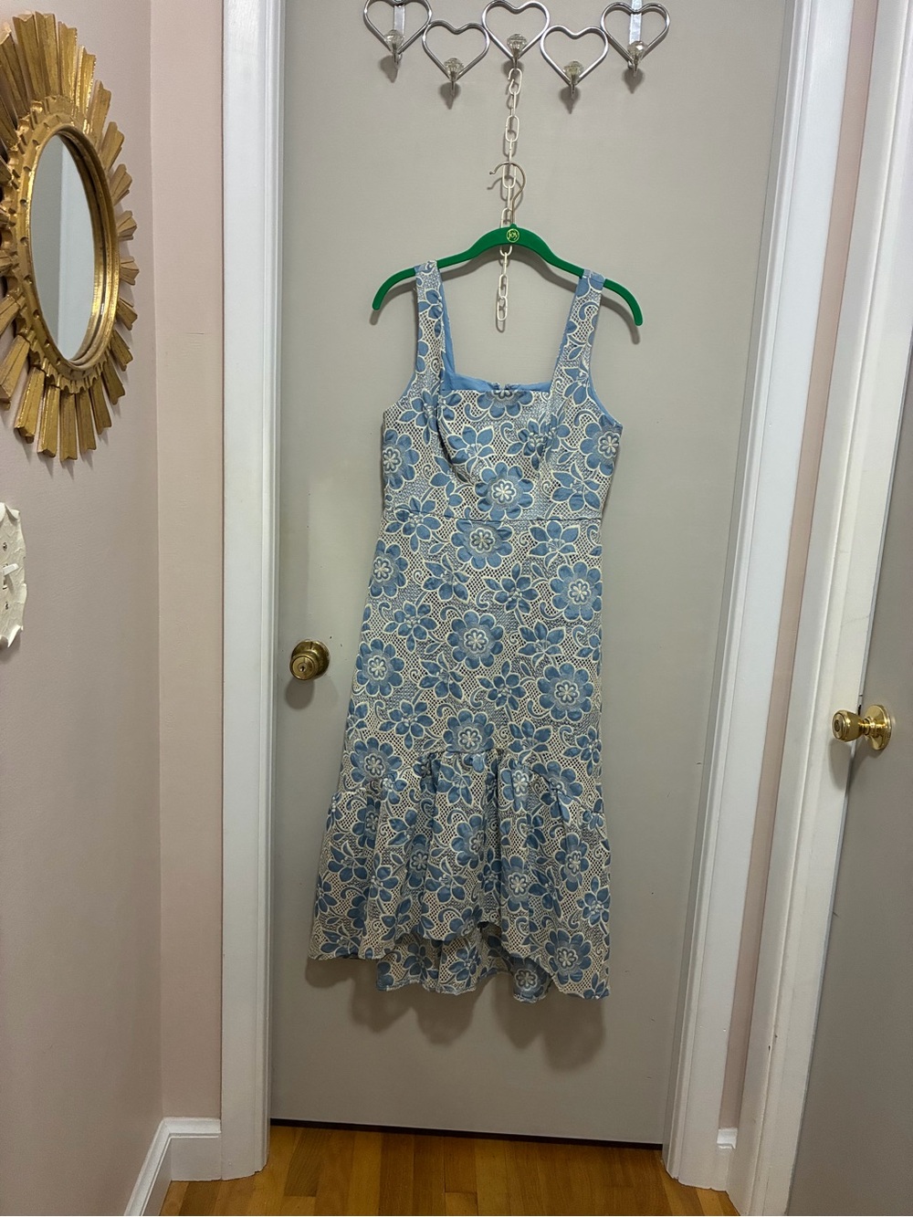 Maggy London Blue & Cream Floral Lace Square-Neck Midi Dress with Ruffle Hem